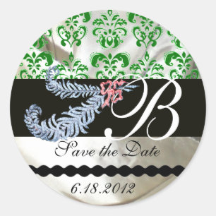DIAMOND FEATHES WHITE GREEN SILK DAMASK MONOGRAM RONDE STICKER