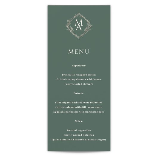 Diamond Floral Evergreen Monogram Wedding Menu