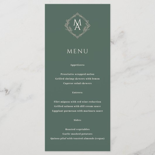 Diamond Floral Evergreen Monogram Wedding Menu (Voorkant)