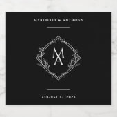 Diamond Floral Monogram Black Wedding Sparkling Wijnetiket (Enkel label)