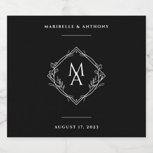 Diamond Floral Monogram Black Wedding Sparkling Wijnetiket (Enkel label)