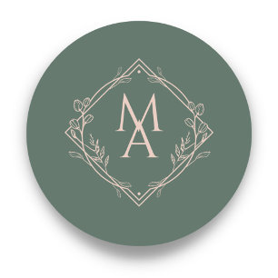 Diamond Floral Monogram Evergreen Wedding Ronde Sticker