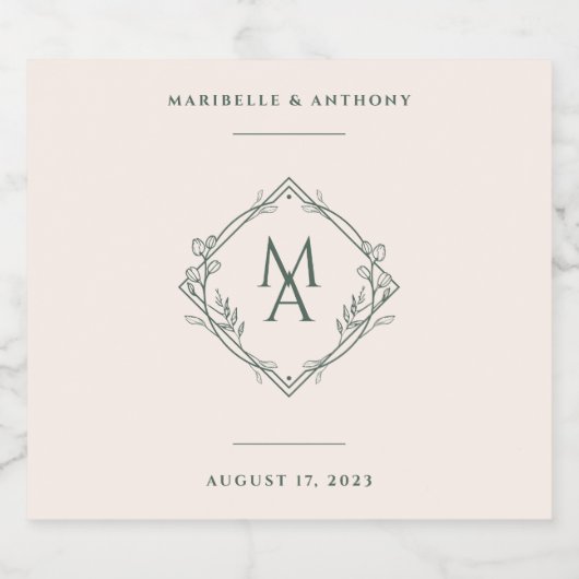 Diamond Floral Monogram Evergreen Wedding Sparkling Wijnetiket (Enkel label)