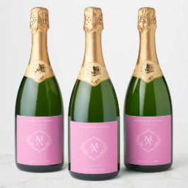 Diamond Floral Monogram Pink Wedding Sparkling Wijnetiket