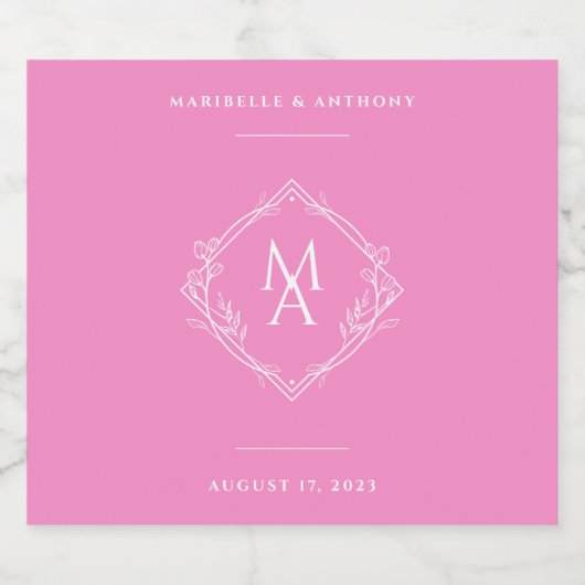 Diamond Floral Monogram Pink Wedding Sparkling Wijnetiket (Enkel label)