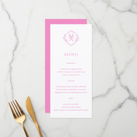 Diamond Floral Pink Monogram Wedding Menu (Voorkant / Achterkant in situ)