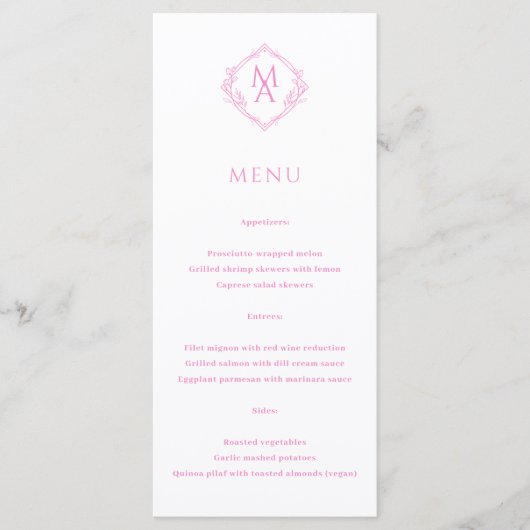 Diamond Floral Pink Monogram Wedding Menu (Voorkant)