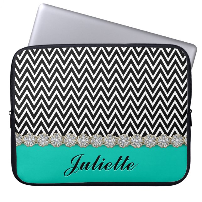 Diamond Flower Black White Chevron Pattern Laptop Sleeve (Voorkant)