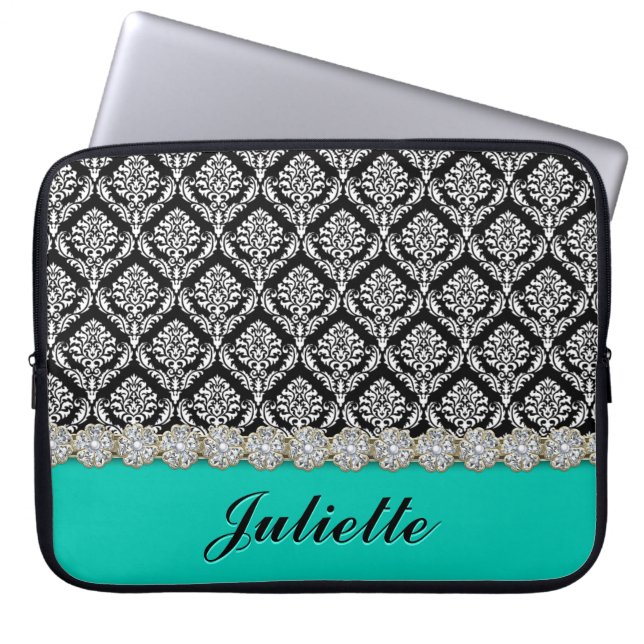 Diamond Flower Black White Damask Pattern Laptop Sleeve (Voorkant)