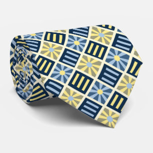 Diamond Flower Geometric Blue en Yellow Two-side Stropdas