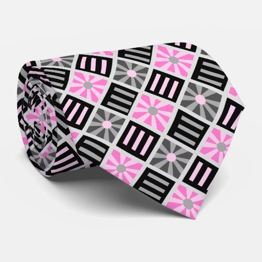 Diamond Flower Geometric Grey & Roze tweezijdig Stropdas (Opgerold)