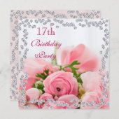 Diamond Framed Bouquet of Pink Roses 17th Birthday Kaart (Voorkant / Achterkant)