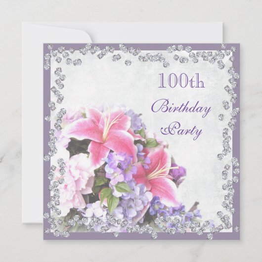 Diamond Framed Flowers 100th Birthday Kaart (Voorkant)