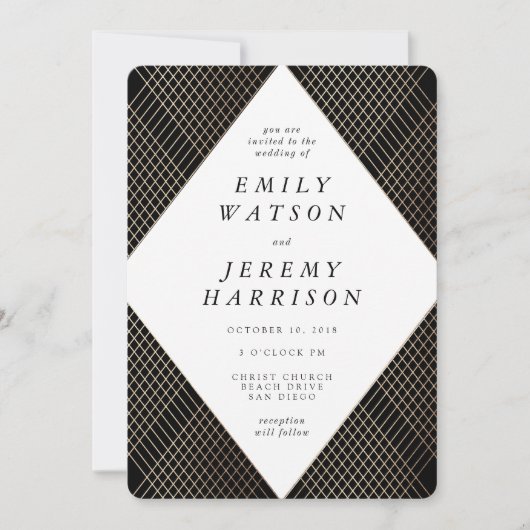 Diamond Geometric Black Deco Gold Gatsby Wedding Kaart (Voorkant)