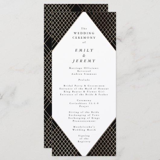 Diamond Geometric Black Gold Gatsby Wedding Programmakaart (Voorkant / Achterkant)