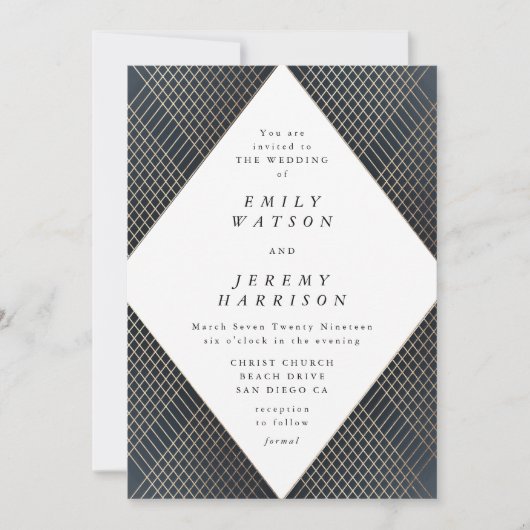 Diamond Geometric Navy Deco Gold Gatsby Wedding Kaart (Voorkant)