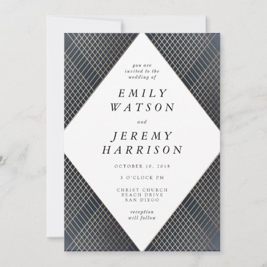 Diamond Geometric Navy Deco Gold Gatsby Wedding Kaart (Voorkant)