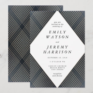 Diamond Geometric Navy Deco Gold Gatsby Wedding Kaart