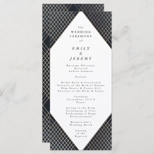 Diamond Geometric Navy Gold Gatsby Wedding Programmakaart (Voorkant / Achterkant)