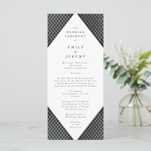 Diamond Geometric Navy Gold Gatsby Wedding Programmakaart (Staand voorkant)