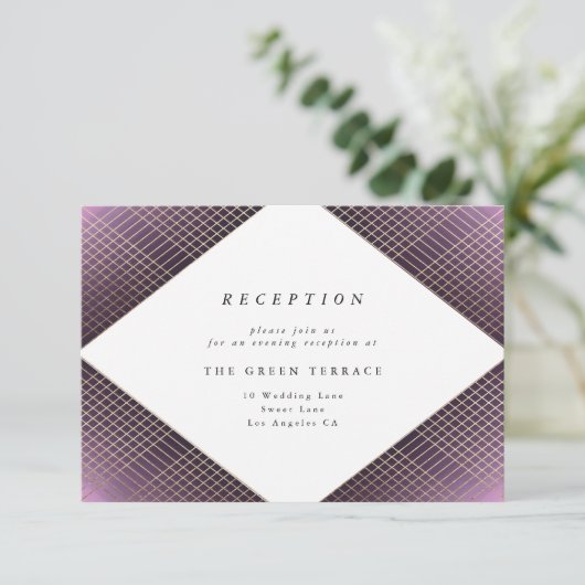 Diamond Geometric Paars Gold Gatsby Reception Informatiekaartje (Staand voorkant)