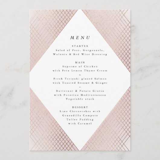 Diamond Geometric Pink Gold Gatsby Wedding Menu (Voorkant)