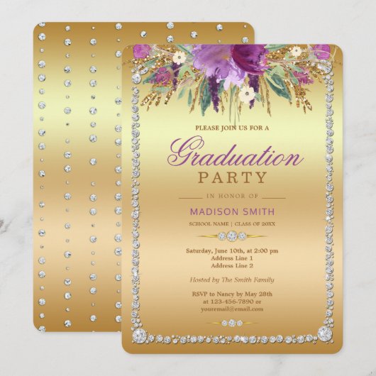 Diamond Glitter Waterverf Flowers Gold Afstudeerde Kaart (Voorkant / Achterkant)