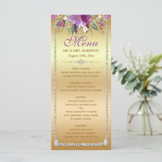 Diamond Glitter Waterverf Flowers Gold Menu (Staand voorkant)