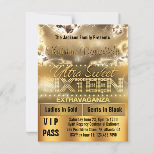 Diamond Glow Sweet Sixteen VIP Pass Invite [Gold] Kaart (Voorkant)