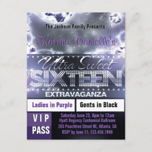 Diamond Glow Sweet Sixteen VIP Pass Invite Paars Kaart