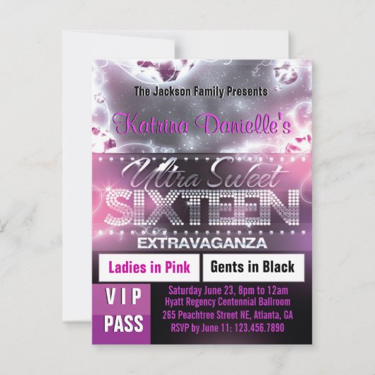 Diamond Glow Sweet Sixteen VIP Pass Invite [Roze] Kaart (Voorkant)