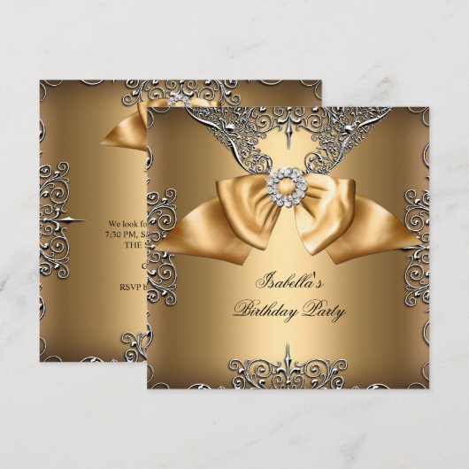 Diamond Gold Beige Bow Silver Elegant Birthday Kaart (Voorkant / Achterkant)