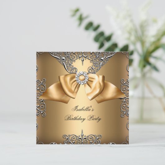 Diamond Gold Beige Bow Silver Elegant Birthday Kaart (Staand voorkant)