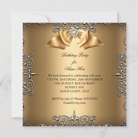 Diamond Gold Beige Bow Silver Elegant Birthday Kaart (Achterkant)