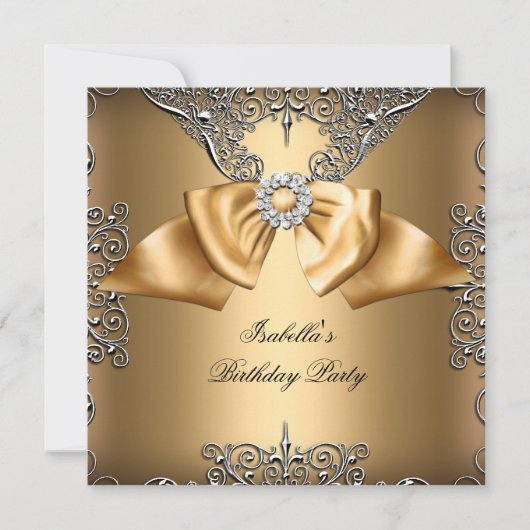 Diamond Gold Beige Bow Silver Elegant Birthday Kaart (Voorkant)