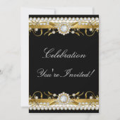Diamond Gold Black White Floral Celebration Party Kaart (Voorkant)