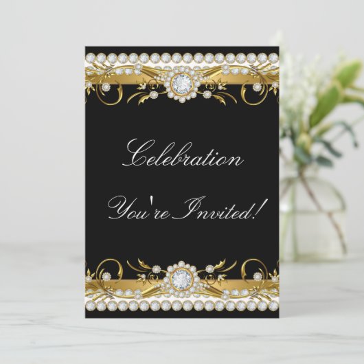 Diamond Gold Black White Floral Celebration Party Kaart (Staand voorkant)