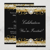 Diamond Gold Black White Floral Celebration Party Kaart (Voorkant / Achterkant)
