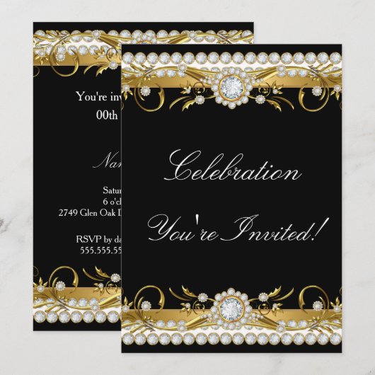 Diamond Gold Black White Floral Celebration Party Kaart (Voorkant / Achterkant)