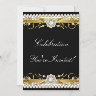 Diamond Gold Black White Floral Celebration Party Kaart