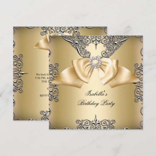 Diamond Gold Cream Bow Silver Elegant Birthday Kaart (Voorkant / Achterkant)