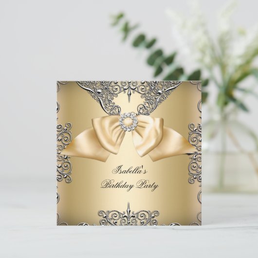 Diamond Gold Cream Bow Silver Elegant Birthday Kaart (Staand voorkant)