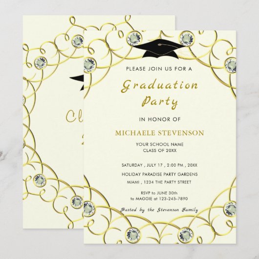 Diamond Gold Elegant Afstuderen Invitation Kaart (Voorkant / Achterkant)