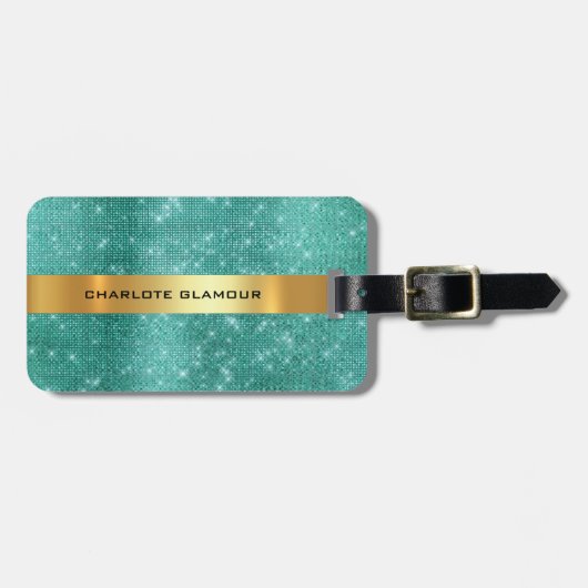 Diamond Gold Sequin Blauwgroen tropisch minimalism Bagagelabel (Voorkant horizontaal)