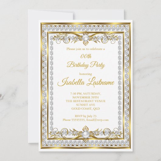 Diamond Gold White Pearl Elegant Birthday Party Kaart (Voorkant)