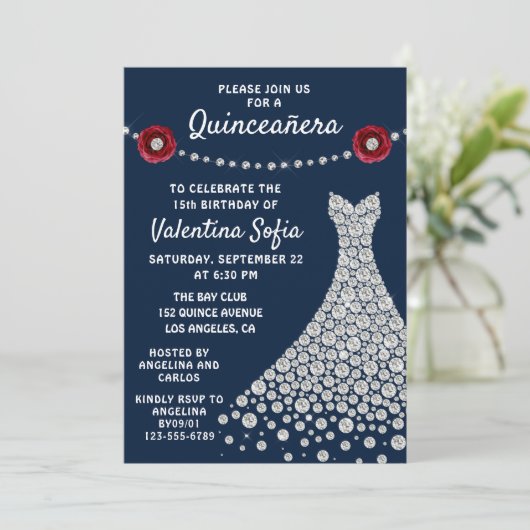 Diamond Gown Navy Blue Chic Modern Quinceañera Kaart (Staand voorkant)