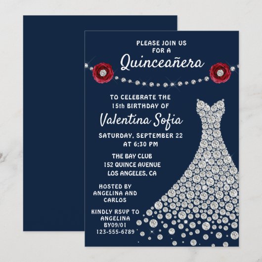 Diamond Gown Navy Blue Chic Modern Quinceañera Kaart (Voorkant / Achterkant)