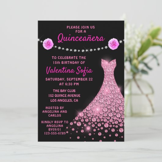 Diamond Gown Pink Modern Quinceañera Kaart (Staand voorkant)