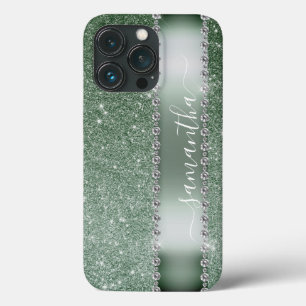 Diamond Green Glitter Calligraphy Monogram Name Case-Mate iPhone Case