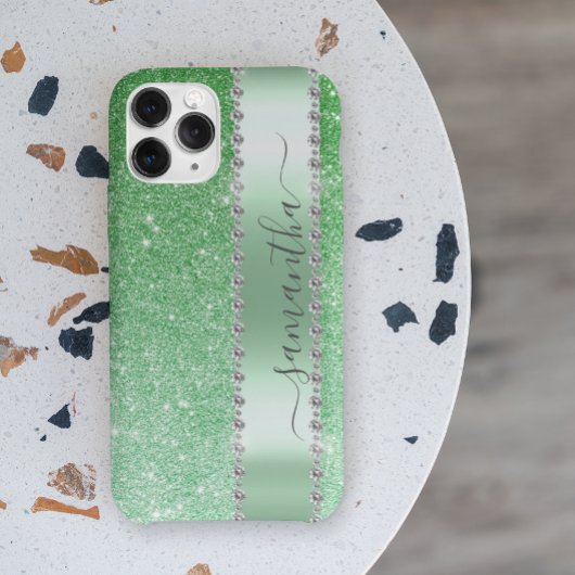 Diamond Green Glitter Calligraphy Monogram Name Case-Mate iPhone Case